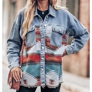 Denim Southwest Blanket Chouyatou Navaho Blanket Print Button Jacket L